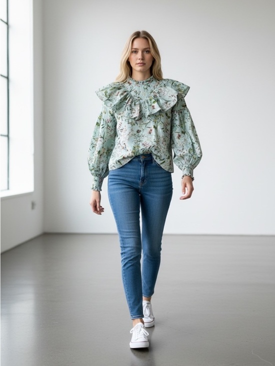 next Other - Boho Floral Print Blouse for a girl Crew Neck Long Puffs sleeve size L Boho H